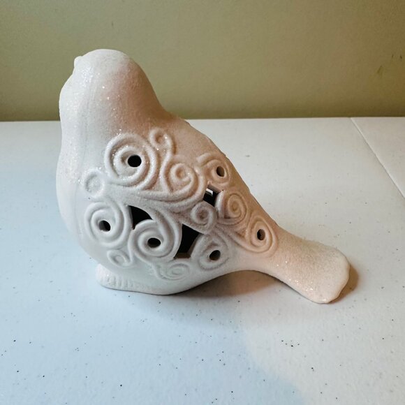 Ceramic Bird Figurine With Swirl Cutouts Glitter Bird Decoration Christmas - Picture 2 of 9